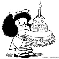 Desenho de Mafalda e bolo de aniversário para colorir