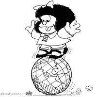 Desenho de Mafalda se equilibrando sobre globo terrestre para colorir