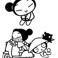 Desenho de Pucca na moto puxando amigo para colorir