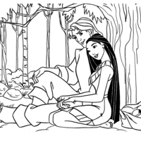 Desenho de Pocahontas abraçando príncipe para colorir