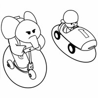 Desenho de Pocoyo e elefanta Elly disputando corrida para colorir