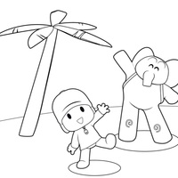 Desenho de Pocoyo e Elly na praia para colorir