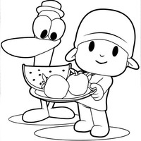 Desenho de Pocoyo e Pato comendo frutas para colorir