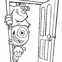 Desenho de Boo, Mike e Sullivan na porta para colorir