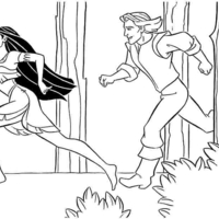 Desenho de John Smith e Pocahontas correndo para colorir