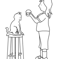 Desenho de Menina dando cupcake e gato para colorir