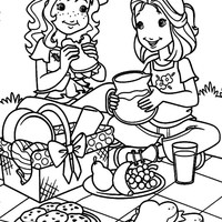Desenho de Moranguinho e amiga no piquenique para colorir