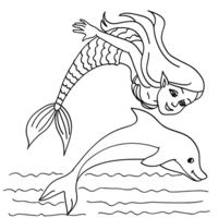Desenho de Ariel nadando com golfinho para colorir