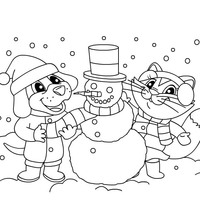 Desenho de Gato e cachorro brincando com boneco de neve para colorir