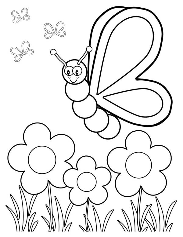 Desenho de Borboleta entre flores no jardim para colorir Tudodesenhos