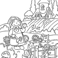 Desenho de Camponesa cuidando do jardim para colorir
