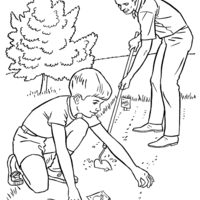 Desenho de Pai e filho fazendo jardinagem para colorir