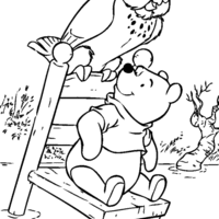 Desenho de Pooh e coruja na cadeira de madeira para colorir