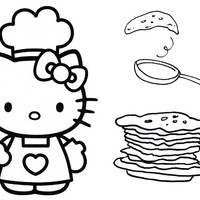 Desenho de Hello Kitty cozinhando pancakes para colorir
