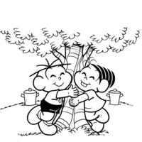 Desenho de Monica e Cebolinha abraçam árvore para colorir