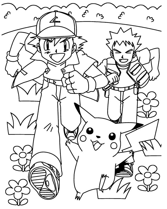 Desenho de Ash, Brock e Pikachu correndo para colorir - Tudodesenhos