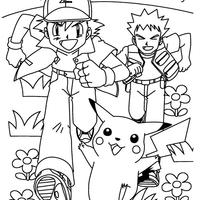 Desenho de Ash, Brock e Pikachu correndo para colorir