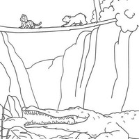 Desenho de Bichos atravessando rio na ponte para colorir