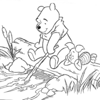 Desenho de Pooh e Leitão brincando no rio para colorir