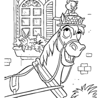 Desenho de Gatinho em cima da cabeça do cavalo para colorir
