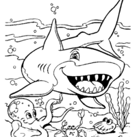 Desenho de Tubarão azul e outros animais marinhos para colorir