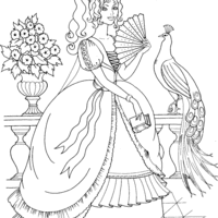Desenho de Princesa e pavão fêmea para colorir