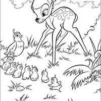 Desenho de Bambi conversando com passarinha e filhotes para colorir