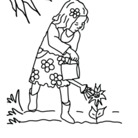 Desenho de Menina cuidando da flor para colorir
