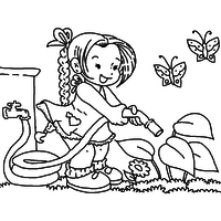 Desenho de Menina regando flore com mangueira para colorir