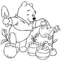 Desenho de Winnie the Pooh regando flores para colorir
