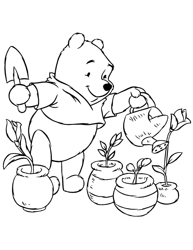 Winnie the pooh regando flores