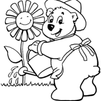 Desenho de Ursinho cuidando da flor para colorir