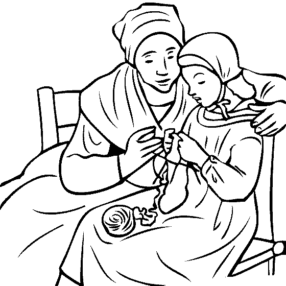 Mae ensinando filha a tricotar
