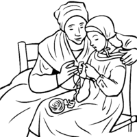Desenho de Mãe ensinando filha a tricotar para colorir