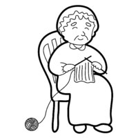 Desenho de Vovó sentada fazendo tricô para colorir