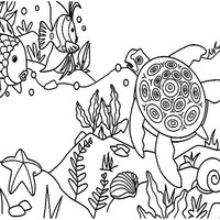 Desenho de Tartaruga e peixinho nadando no oceano para colorir