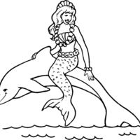 Desenho de Sereia nadando com golfinho para colorir