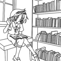 Desenho de Menina sentada sobre mesa da biblioteca para colorir