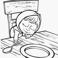 Desenho de Masha dormindo sobre mesa para colorir