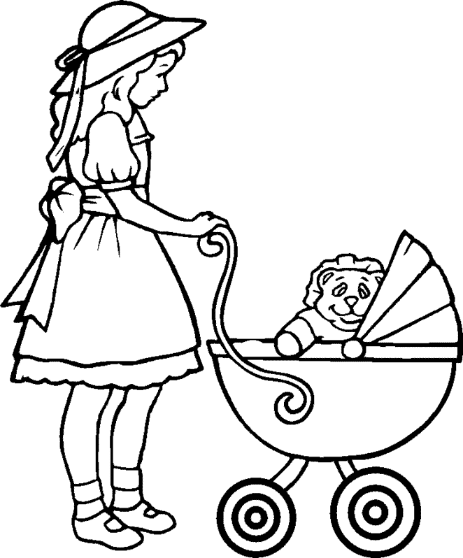 Menina levando bebe no carrinho