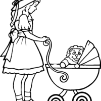 Desenho de Menina levando bebê no carrinho para colorir