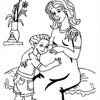 Desenho de Menina abraçando barriga da mamãe grávida para colorir