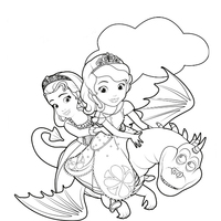 Desenho de Sofia e Amber voando no dragão para colorir