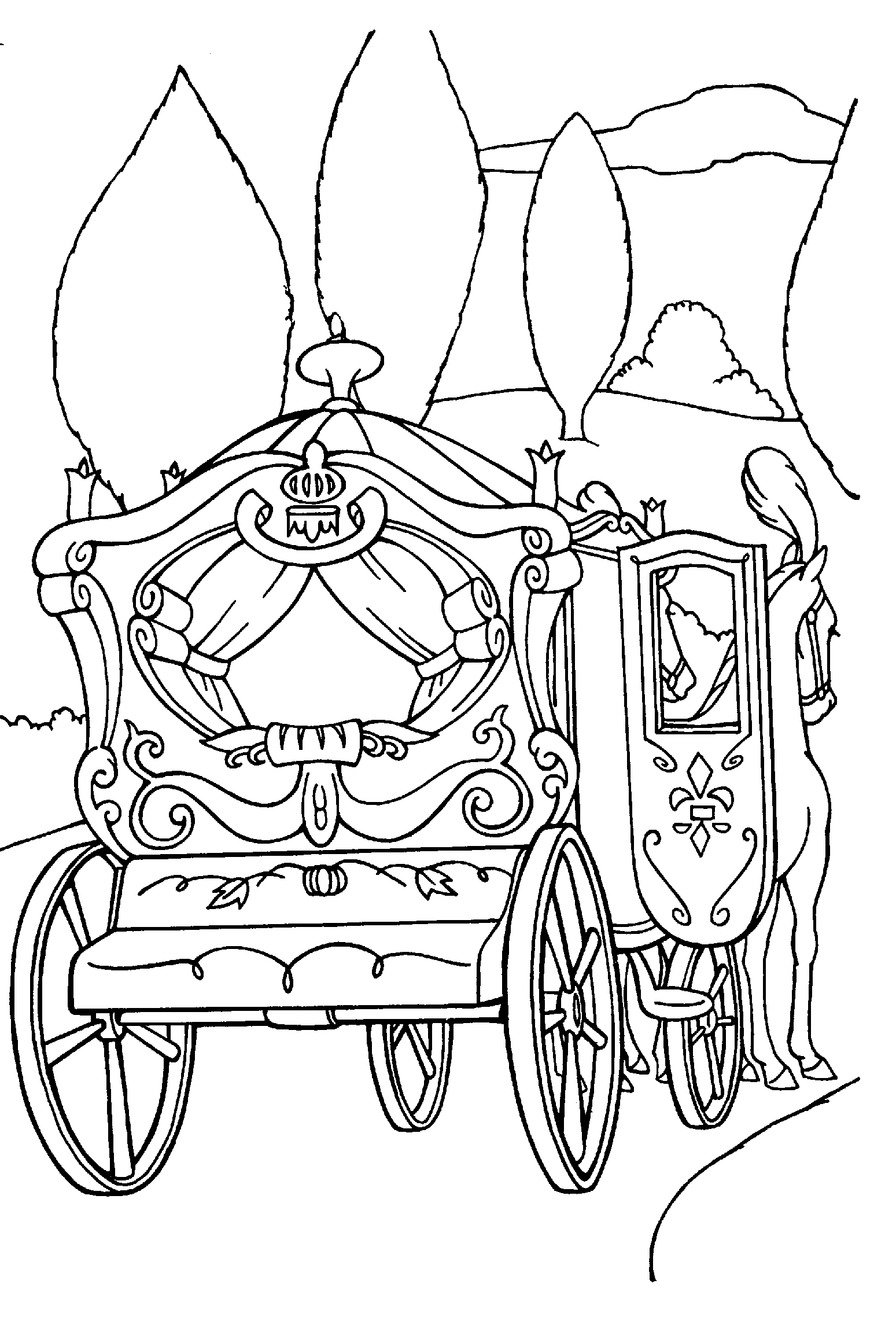 Desenho de carruagem de princesa e castelo para colorir e imprimir