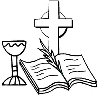 Desenho de Bíblia aberta diante da cruz para colorir