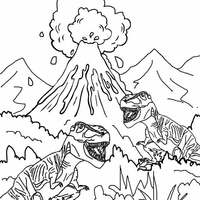 Desenho de Dinossauros escapando de lavas do Carro passando em frente a vulcão para colorir