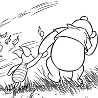 Desenho de Pooh e Leitão andando contra o vento para colorir