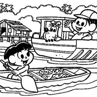 Desenho de Monica e índio na canoa para colorir